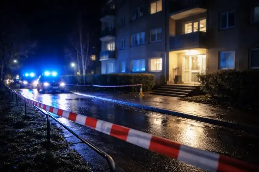 Nächtliches Wohnhaus in Bad Düben mit Polizeilichtern und abgesperrtem Gehweg nach einem Einsatz wegen Familienstreit.