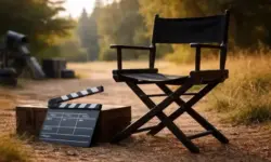 Leerer Regiestuhl und Filmklappe an einem ruhigen Drehort, Symbol für Filmproduktion und Teamarbeit bei Checker Tobi.