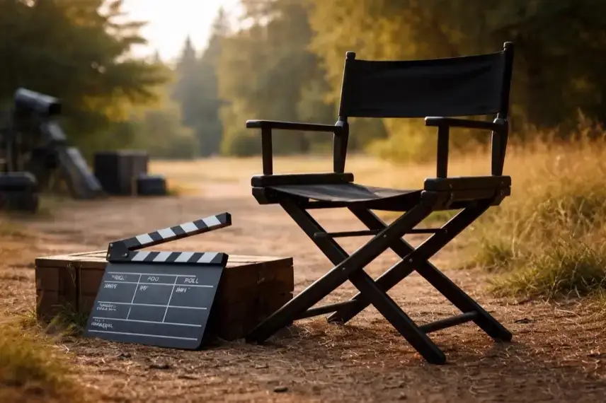 Leerer Regiestuhl und Filmklappe an einem ruhigen Drehort, Symbol für Filmproduktion und Teamarbeit bei Checker Tobi.