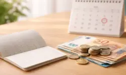 Aufgeschlagenes Sparbuch mit Münzen und Geldscheinen auf Tisch, im Hintergrund unscharfer Kalender als Symbol für Renten-Erhöhung 2026.