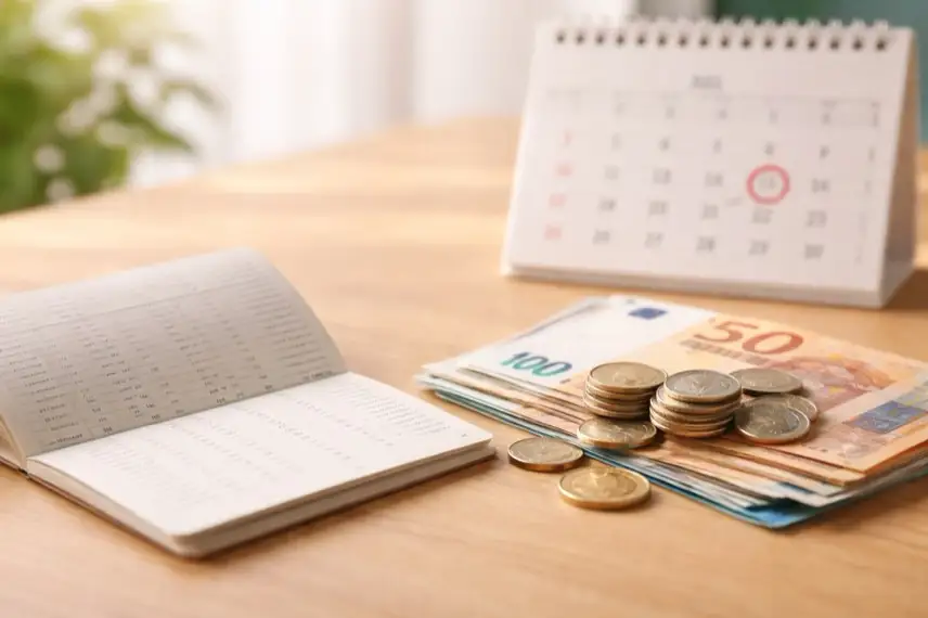 Aufgeschlagenes Sparbuch mit Münzen und Geldscheinen auf Tisch, im Hintergrund unscharfer Kalender als Symbol für Renten-Erhöhung 2026.