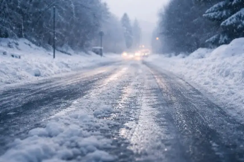 Vereiste, verschneite Straße bei Winterwetter mit Schnee und Glätte in Deutschland, diffuse Kälte und winterliche Bedingungen