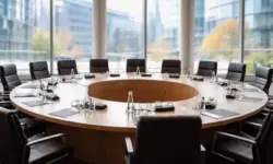 Heller Konferenzraum mit rundem Tisch und leeren Stühlen, symbolisch für Sitzungen des Rats der EU während der zyprischen Ratspräsidentschaft.