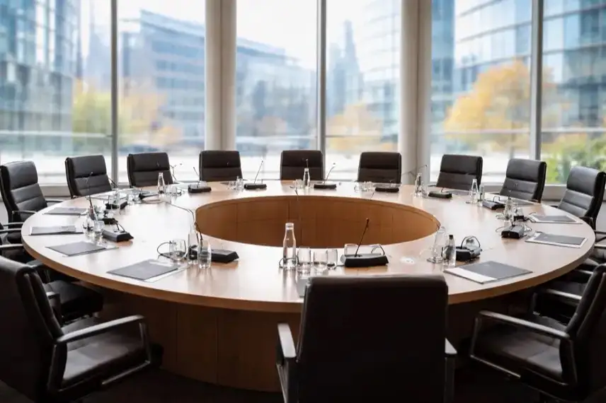 Heller Konferenzraum mit rundem Tisch und leeren Stühlen, symbolisch für Sitzungen des Rats der EU während der zyprischen Ratspräsidentschaft.