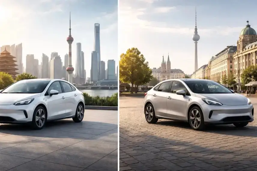 Zwei neutrale Elektroautos ohne Marken auf einem Platz, eines vor asiatischer, eines vor europäischer Stadtkulisse, aufgenommen bei Tageslicht.