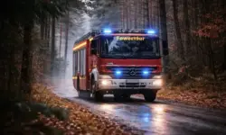 Feuerwehrfahrzeug mit Blaulicht fährt auf einer schmalen Straße durch einen Wald bei nasser Fahrbahn und gedämpftem Tageslicht.