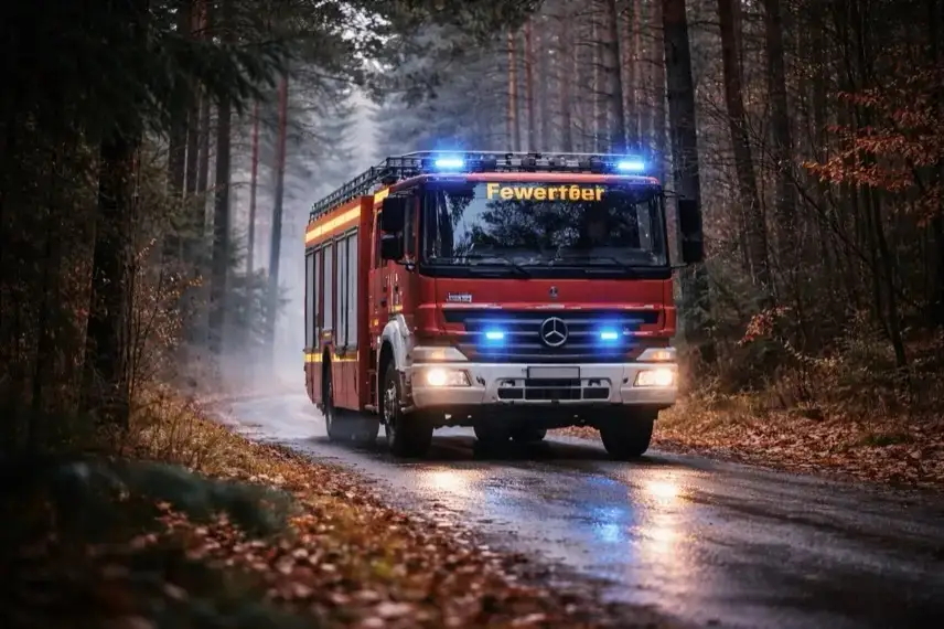 Feuerwehrfahrzeug mit Blaulicht fährt auf einer schmalen Straße durch einen Wald bei nasser Fahrbahn und gedämpftem Tageslicht.