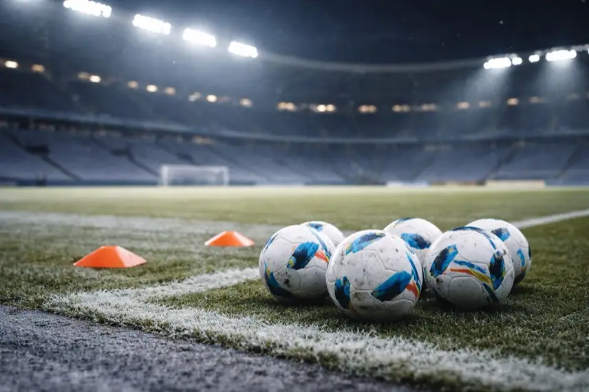 Leeres Fußballstadion im Winter mit Raureif auf dem Rasen, Trainingsbälle und Markierungshütchen am Spielfeldrand, Bundesliga Winterpause