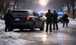 Einsatzkräfte umstehen einen dunklen SUV auf einer verschneiten Straße in Minneapolis während eines ICE-Einsatzes bei Tageslicht.