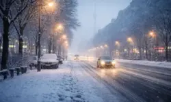 Verschneite Berliner Straße bei Schneefall und Frost, Fahrzeuge mit Licht im Winterwetter während des Schneesturms in Berlin.