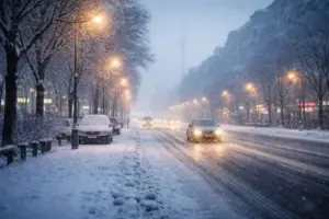 Verschneite Berliner Straße bei Schneefall und Frost, Fahrzeuge mit Licht im Winterwetter während des Schneesturms in Berlin.