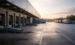 Leere Laderampen und ruhende Fördertechnik an einer großen Logistikhalle in Erfurt bei Tagesanbruch.