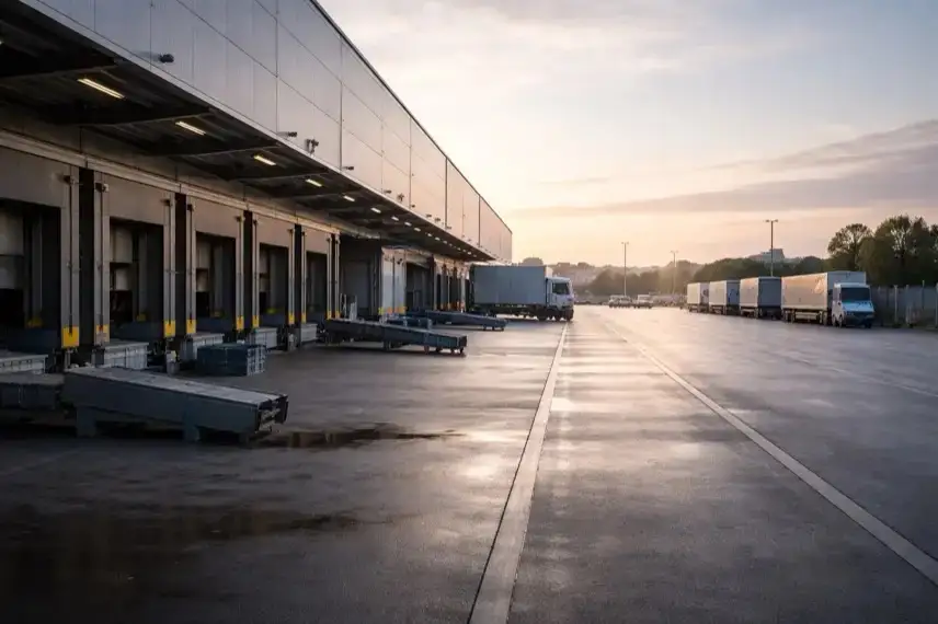 Leere Laderampen und ruhende Fördertechnik an einer großen Logistikhalle in Erfurt bei Tagesanbruch.