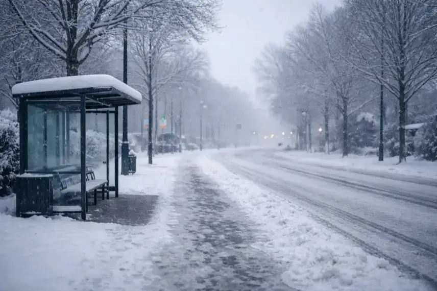 Verschneite Straße in Braunschweig mit glatter Fahrbahn, winterlichem Himmel und leerer Bushaltestelle bei starkem Schneefall.
