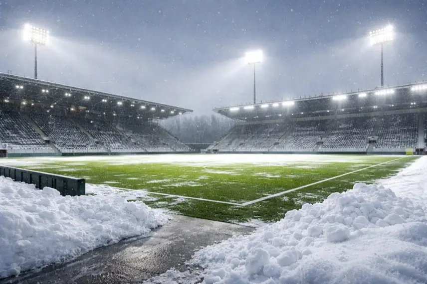 Verschneites Fußballstadion mit Flutlicht, schneebedecktem Rasen und geräumten Wegen bei winterlichem Wetter in Deutschland.