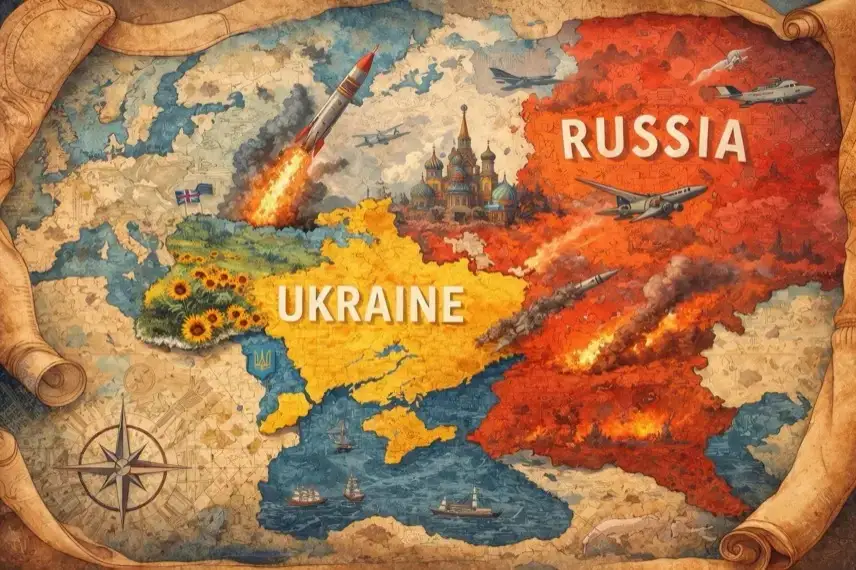 Kreative Kartenkollage mit Russland und der Ukraine in ihren Grenzen, farblich hervorgehoben, mit symbolischen grafischen Elementen ohne Text