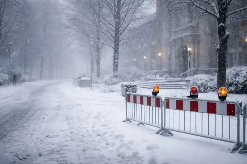 Verschneite Straße in Hannover mit abgesperrtem öffentlichen Gebäude, Glätte und starkem Schneefall während eines Wintersturms.
