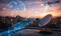 Satellitenschüssel auf einem Hausdach bei Abenddämmerung, darüber Satelliten und visualisierte Datenübertragung über einer Stadtlandschaft