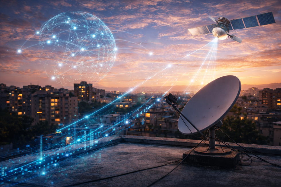 Satellitenschüssel auf einem Hausdach bei Abenddämmerung, darüber Satelliten und visualisierte Datenübertragung über einer Stadtlandschaft