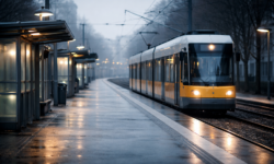 Leere Haltestelle mit stillstehender Straßenbahn im Stadtgebiet während eines bundesweiten Streiks im öffentlichen Nahverkehr.