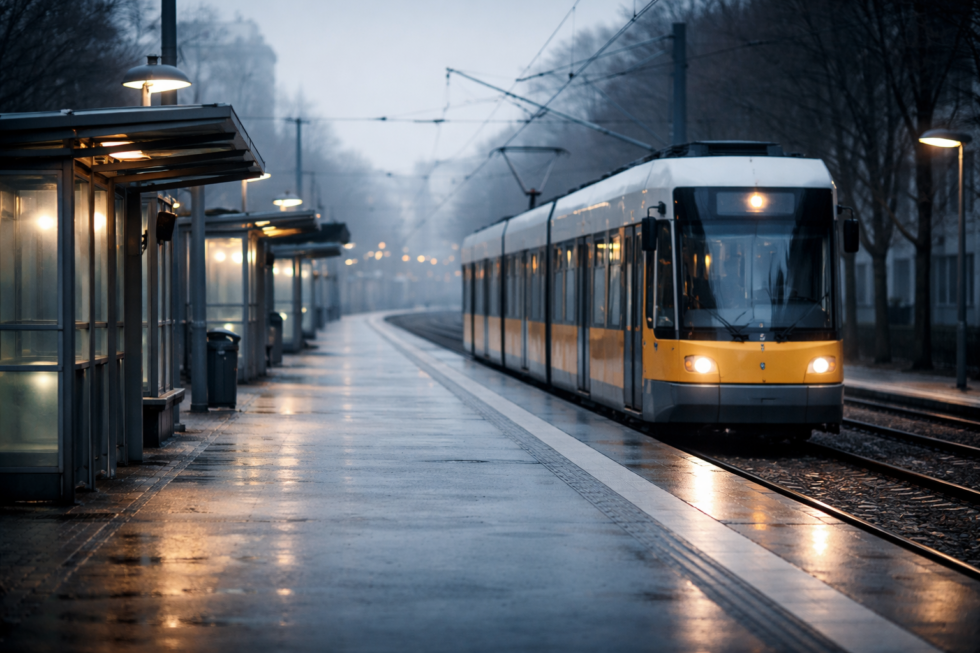 Leere Haltestelle mit stillstehender Straßenbahn im Stadtgebiet während eines bundesweiten Streiks im öffentlichen Nahverkehr.