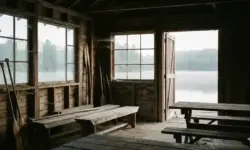 Leeres Bootshaus mit Holzbank und angelehnten Paddeln, ruhiges Wasser im Hintergrund, neutrales Licht, Innenraum eines Kanuvereins.