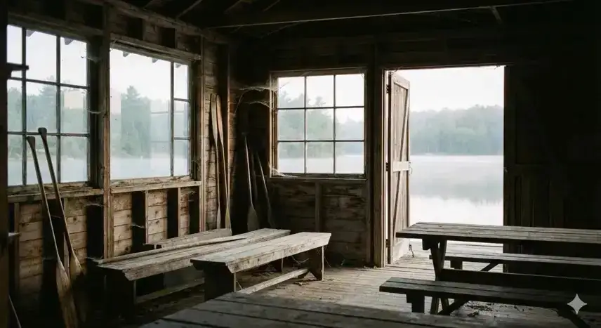 Leeres Bootshaus mit Holzbank und angelehnten Paddeln, ruhiges Wasser im Hintergrund, neutrales Licht, Innenraum eines Kanuvereins.