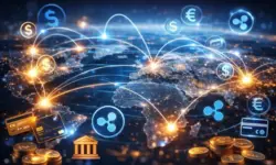 Abstrakte Visualisierung globaler Finanzströme mit leuchtenden Verbindungslinien zwischen Kontinenten im Kontext digitaler Zahlungssysteme