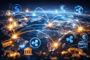 Abstrakte Visualisierung globaler Finanzströme mit leuchtenden Verbindungslinien zwischen Kontinenten im Kontext digitaler Zahlungssysteme