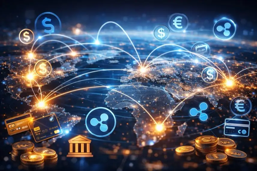 Abstrakte Visualisierung globaler Finanzströme mit leuchtenden Verbindungslinien zwischen Kontinenten im Kontext digitaler Zahlungssysteme