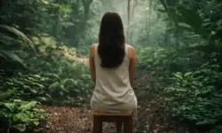 Frau von hinten auf einem Holzstuhl sitzend in einem dichten tropischen Wald mit üppiger Vegetation und diffusem Licht.