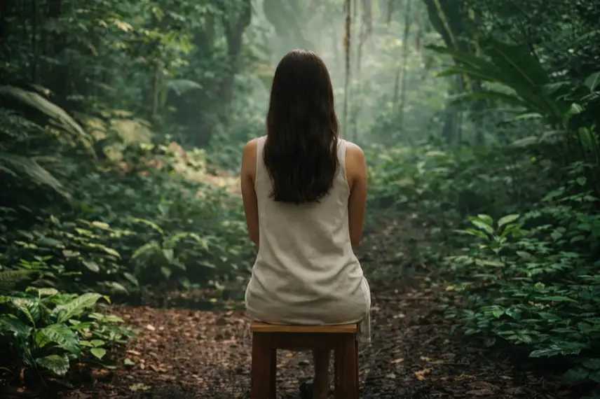 Frau von hinten auf einem Holzstuhl sitzend in einem dichten tropischen Wald mit üppiger Vegetation und diffusem Licht.