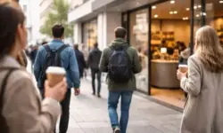 Menschen mit Kaffeebechern zum Mitnehmen in einer belebten deutschen Innenstadt, moderne Ladenfronten, morgendlicher Berufsverkehr.