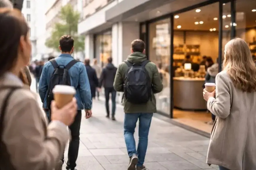 Menschen mit Kaffeebechern zum Mitnehmen in einer belebten deutschen Innenstadt, moderne Ladenfronten, morgendlicher Berufsverkehr.