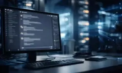 Unscharfer Computerbildschirm mit Chatfenster vor abstrahierten Server- und Datenstrukturen, dargestellt in neutraler, moderner Büroumgebung.