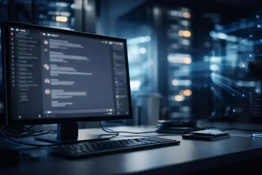 Unscharfer Computerbildschirm mit Chatfenster vor abstrahierten Server- und Datenstrukturen, dargestellt in neutraler, moderner Büroumgebung.