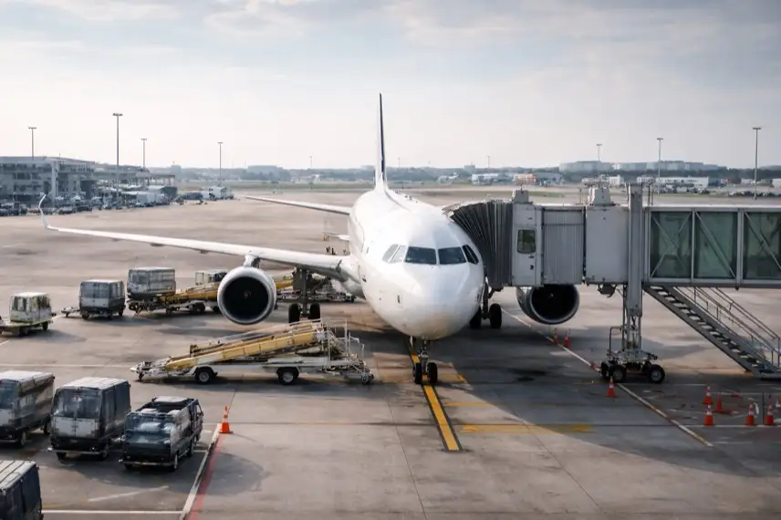 Verkehrsflugzeug steht an einem Flughafen-Gate, umgeben von Bodenfahrzeugen und Fluggastbrücke bei Tageslicht.