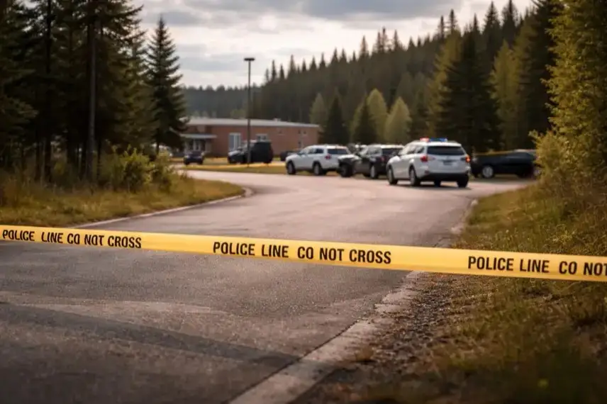 Abgesperrte Schulzufahrt in ländlicher Gegend Kanadas mit neutralen Einsatzfahrzeugen und bewaldeter Umgebung bei Tageslicht.