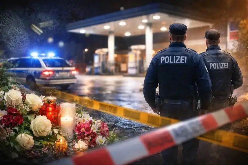 Nächtliche Tankstelle in Völklingen mit Absperrband und blauem Polizeilicht auf nassem Asphalt, Personen sichtbar.