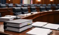 Leerer Sitzungssaal mit Aktenordnern und Mikrofonen, symbolisch für Kongressdebatte und Aktenveröffentlichung im Fall Epstein.