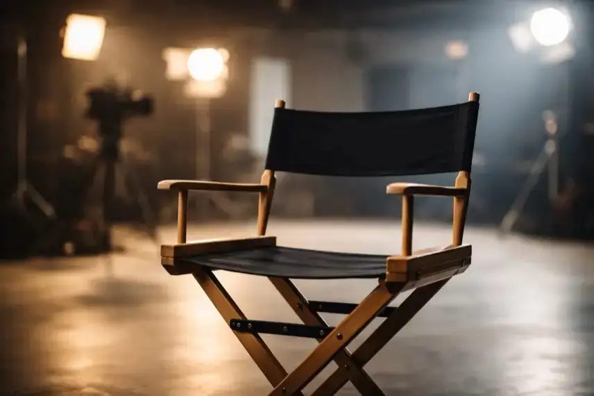 Leerer Regiestuhl in Filmstudio mit unscharfen Scheinwerfern als Symbol für Schauspieler James Van Der Beek