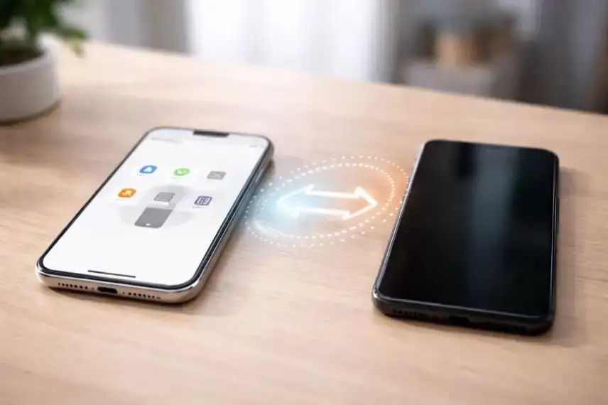 Zwei Smartphones nebeneinander mit Verbindungssymbol, Darstellung von iOS 26.3 Datentransfer zu Android