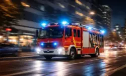 Feuerwehrfahrzeug mit Blaulicht fährt nachts durch Stadtstraße bei Einsatz nach Hochhausbrand in Berlin