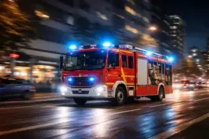 Feuerwehrfahrzeug mit Blaulicht fährt nachts durch Stadtstraße bei Einsatz nach Hochhausbrand in Berlin