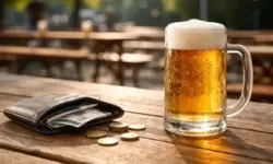 Bierkrug auf Holztisch im leeren Biergarten neben offener Geldbörse, Symbol für steigende Bierpreise in Deutschland