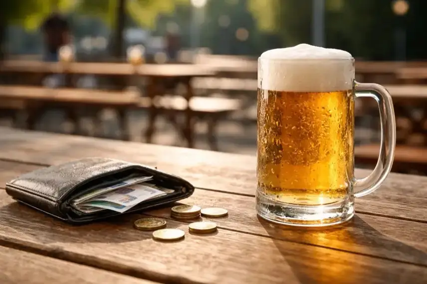 Bierkrug auf Holztisch im leeren Biergarten neben offener Geldbörse, Symbol für steigende Bierpreise in Deutschland