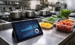 Moderne Großküche mit Tablet und Diagrammen zur Planung durch künstliche Intelligenz in Großküchen