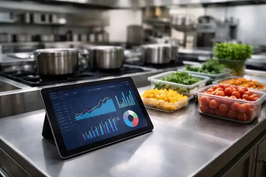 Moderne Großküche mit Tablet und Diagrammen zur Planung durch künstliche Intelligenz in Großküchen