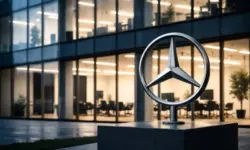 Modernes Bürogebäude im Abendlicht mit stilisiertem Sternsymbol vor Glasfassade, leere Konferenzräume im Hintergrund