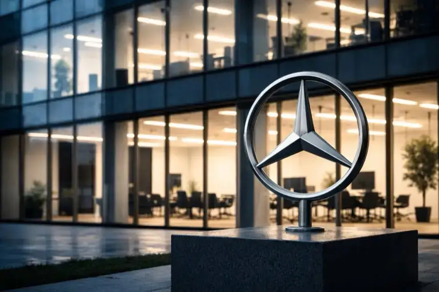 Modernes Bürogebäude im Abendlicht mit stilisiertem Sternsymbol vor Glasfassade, leere Konferenzräume im Hintergrund